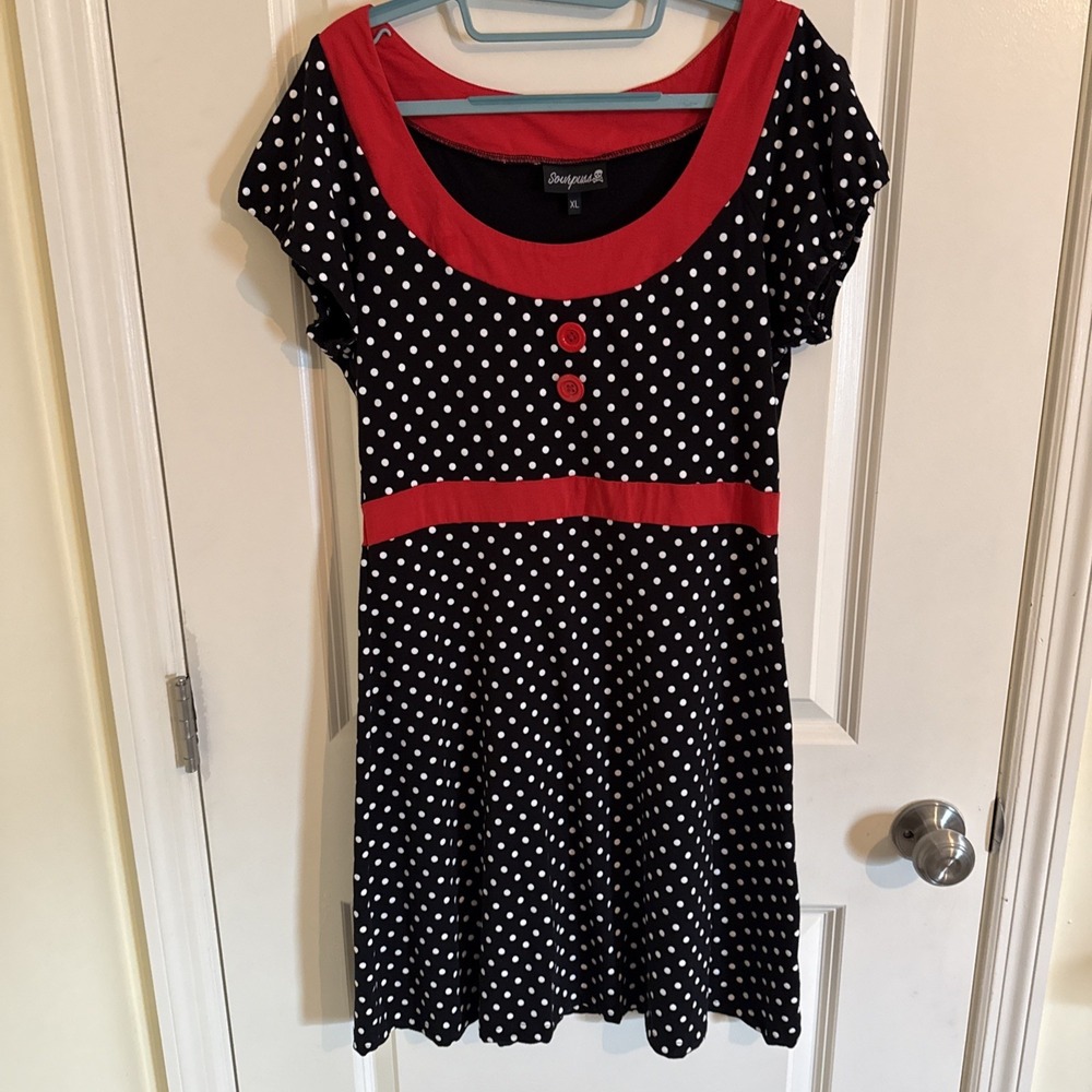 Sourpuss Belki Dress CL Red Black White Polka Dot Stretch Pinup Rockabilly - Picture 1 of 6
